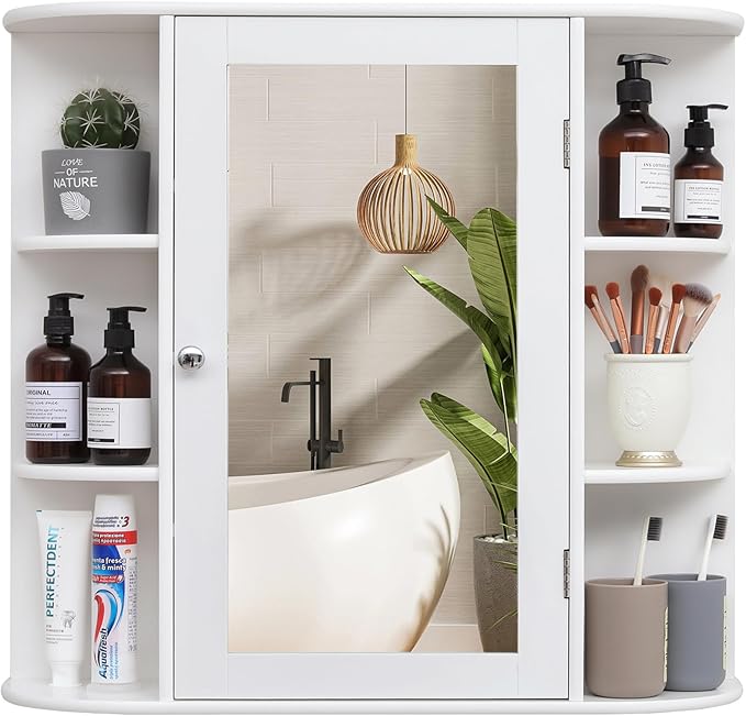Iwell Bathroom Medicine Cabinet with Mirror, Bathroom Wall Cabinet with 2 Adjustable Shelves & 6 Open Shelves, Medicine Cabinet Organizer, Bathroom Cabinet Wall Mounted, White