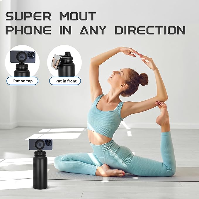 32oz Water Bottle with Magnetic Phone Holder, Stainless Steel Water Bottles Compatible with MagSafe Phone Mount and Tripod for iPhone, Double Walled Insulated tumbler for Gym, Sport