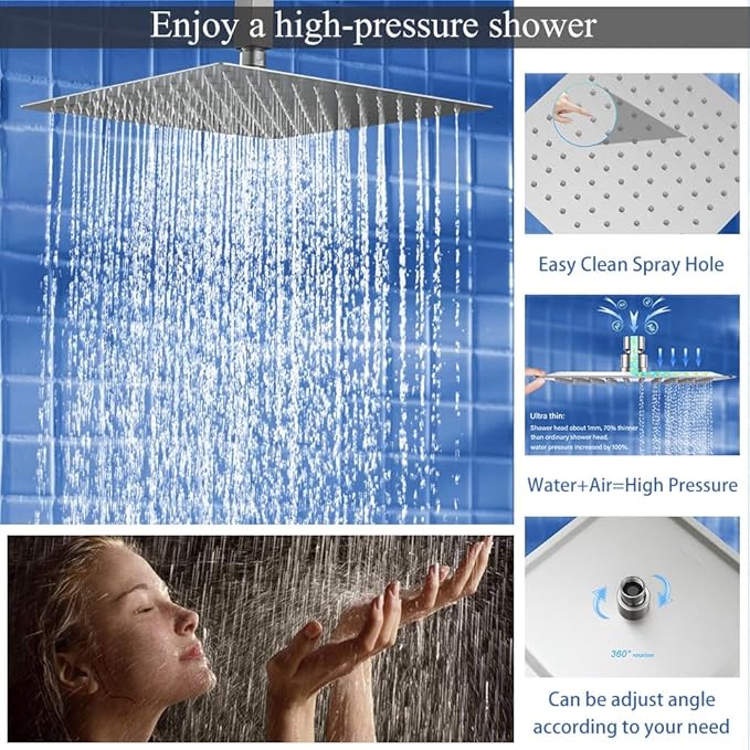12 Inch Brushed Nickel Ceiling Mount Shower System Bathroom Luxury Rain Mixer Shower Combo Set Ceiling Rainfall Shower Head System Faucet Contain Rough-in Valve and Trim Included