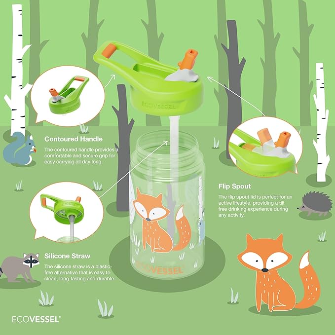 EcoVessel SPLASH Tritan Plastic Kids Water Bottle with Straw, Leak Proof Flip Top Lid, and Carry Handle Kids Cups Sports Water Bottle 12 oz (Unicorn)