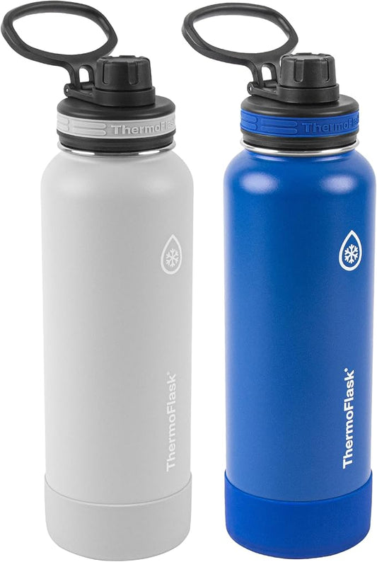 ThermoFlask 40 oz Double Wall Vacuum Insulated Stainless Steel 2-Pack of Water Bottles, Ice Grey/Azure