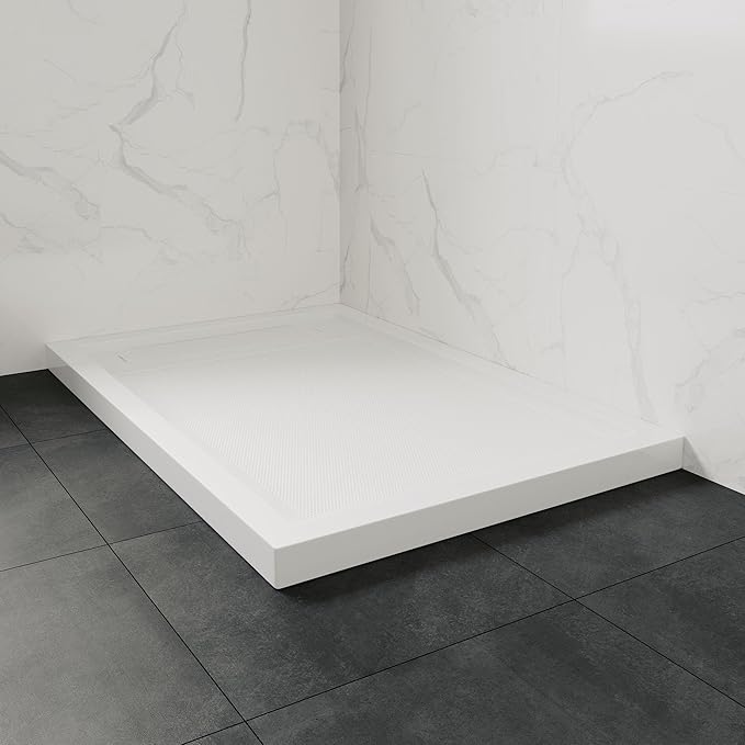 OVE Decors 60-in W x 34-in D Shower Base Pan Rectangle, Hidden Side Drain, White Acrylic, Reversible Design