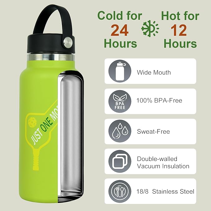 Pickleball Water Bottle 32 oz, Gifts for Pickleball Lovers, Wide Mouth Vacuum Insulated Sports Bottle with 2 Leakproof Lids, Stainless Steel Cup with Straw for Cold Drinks