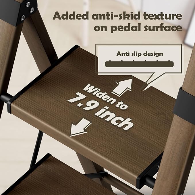 Taranta 5 Step Ladder, Portable Folding Ladder with Wide Pedal, Lightweight Aluminum Step Stool with Convenient Handgrip, 330 lbs Capacity Stepladder for Home, Office - Walnut