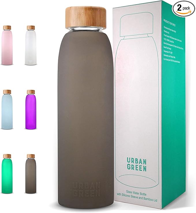 Urban Green Glass Water Bottle with Protective Silicone Sleeve and Bamboo Lid, 18oz, 1extra 304 Stainless Steel Lid with Handle, BPA Free, Dishwasher Safe, Gift Box, Father's day gift