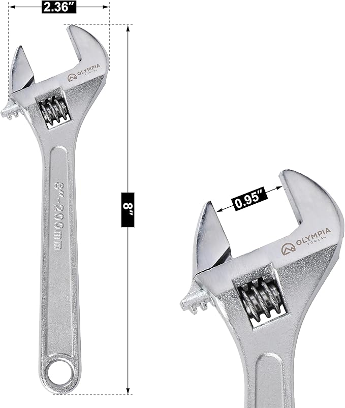Olympia Tools 8" Adjustable Wrench, Heavy Duty Drop Forged Steel, Chrome Plated, Precision Machined Jaws, Rust Resistant