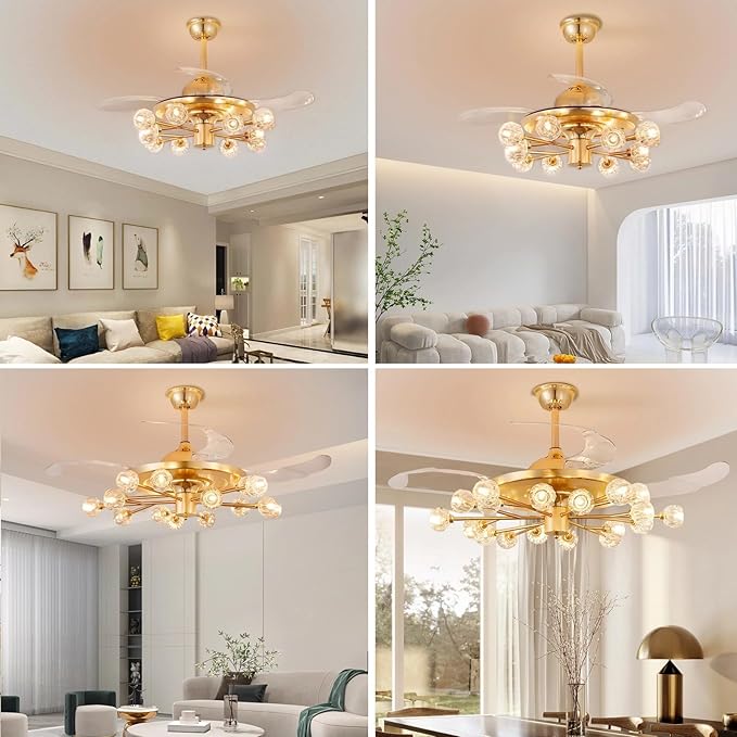 Sputnik Crystal Ceiling Fan Chandelier: 42" Gold Fandelier Ceiling Fans with 15 Lights and Remote Modern - Retractable Fandelier Ceiling Light for Living Dining Room Kitchen Bedroom