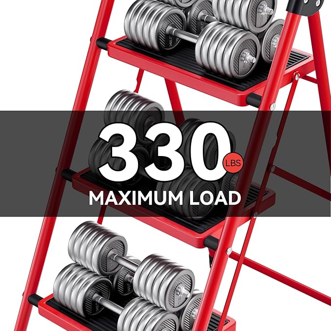 KINGRACK 3 Step Ladder, Folding Step Stool with Anti-Slip and Wide Pedal, Lightweight Stepladder with Handrails, Portable for Kitchen, Household, Red