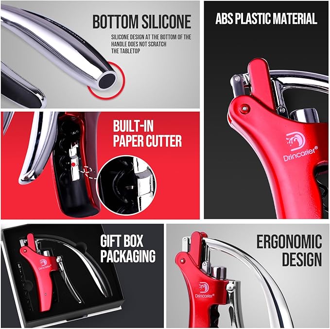 Vertical Lever Corkscrew with Non-Stick Worm, Compact Rabbit Wine Opener Wine Bottle Opener with built-in Foil Cutter (Red)