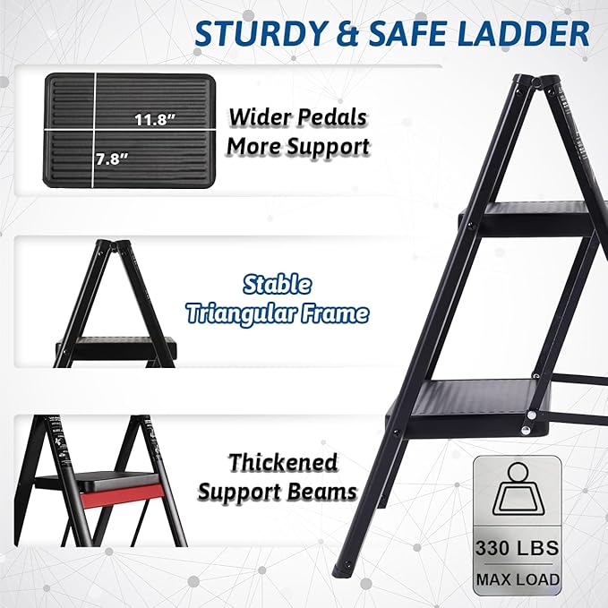 Double Elite Step Ladder 2 Step Folding, Sturdy 330 Lbs Load Folding Step Stool for Adults, Safer Full Steel Frame, Multi-use Closet/Home Kitchen Small Step Ladder with Wide Pedals, Black