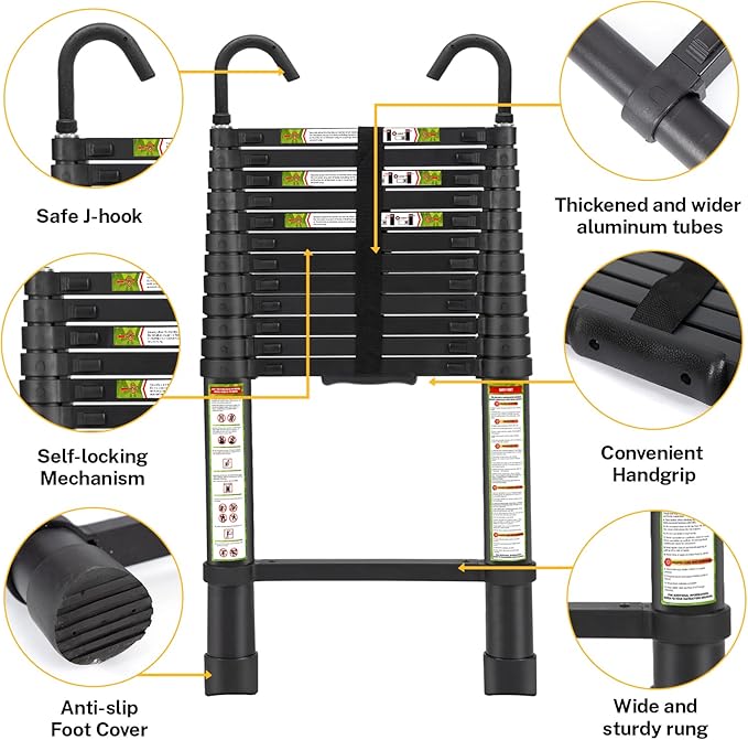 Telescopic Ladder, 12.5FT RIKADE Aluminum Telescoping Ladder with Non-Slip Feet and Stable Hook, Portable Extension Ladder for Household and Outdoor Working, 330lb Capacity Black