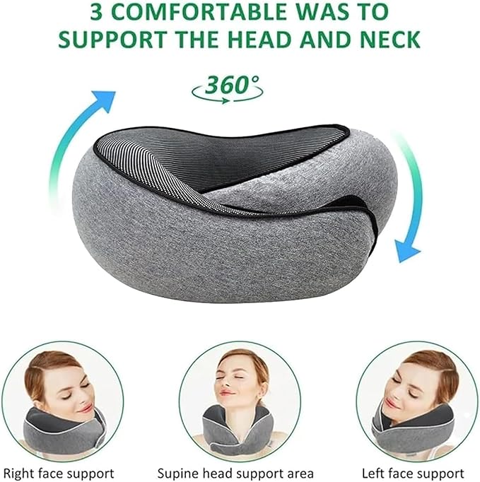 Portable Travel Pillow,Memory Foam Neck Pillow for Travel,Neck Support Pillow for Airplane with Eyemask,Earplugs and Storage Bag(Grey)