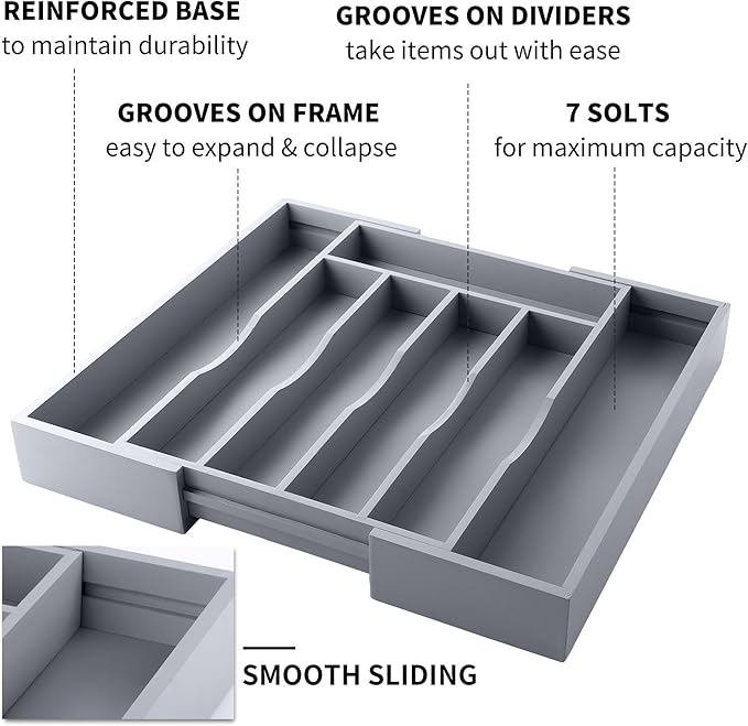 Expandable Bamboo Kitchen Drawer Organizer for Cutlery and Utensils, Adjustable Bamboo Wood Cutlery Tray in Drawer for Flatware and Silverware in Kitchen, (Grey)