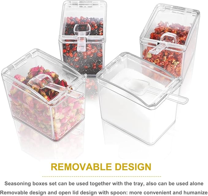 Clear Seasoning Box 4 PCS/Set, Acrylic Seasoning Rack Seasoning Storage Container Condiment Jar Spice Box Spice Jar Spice Pot Spice Rack with Spoon & Lid & Tray for Salt Pepper Sugar (#A)