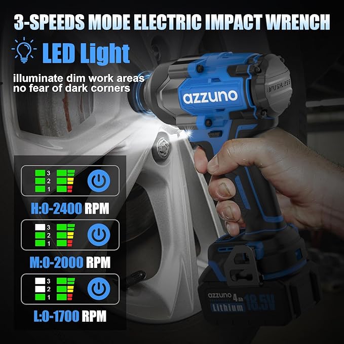 AZZUNO Impact Wrench Max 737 Ft-lbs(1000N.m) 1/2 inch Brushless High Torque Electric Impact Wrench, Powerful Cordless Impact Driver with 2x4Ah Batteries, 4 Sockets and Charger for Home Car Truck Tire