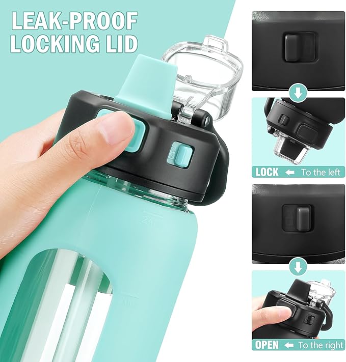 Kodrine Water Bottle With Straw and Carry Handle, Glass Water Bottle 24 oz Leak Proof Locking Lid with Soft Silicone Spout, Small Clear Water Bottle, Travel Sports Water Jug, Time Marker, Light Blue