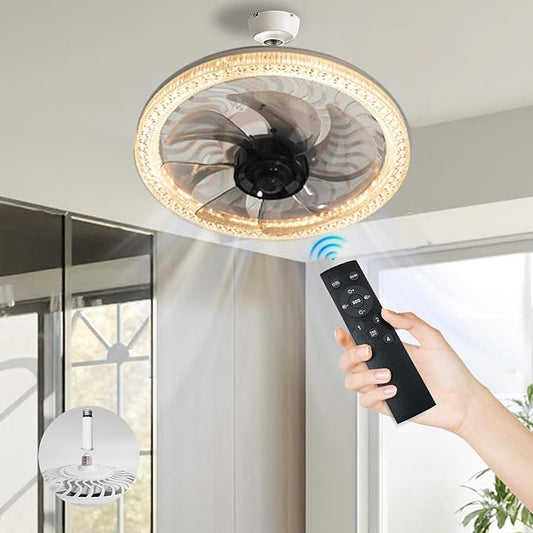 Light Socket Fan with Remote ,12.2''Socket Modern Flush Mount Low Profile Ceiling Fan,Screw in Socket Fan Light with Dimmable Brightness and Color Temp,for Bedroom, Small Living Room, Kitchen