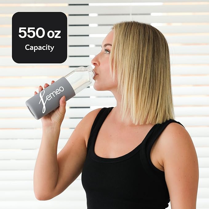 Femeo® Glass Water Bottle for Women | Eco, Yoga & Gym Friendly, 18oz | 100% Leakproof, BPA-Free, Dishwasher Safe, Borosilicate Drinking Glass Bamboo Sports Cap Grey