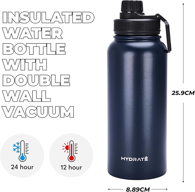 HYDRATE Insulated Stainless Steel Water Bottle - Large Reusable Flask with Leak-Proof Design and Convenient Handle - Double Vacuum Insulation for School, Work, or Adventure