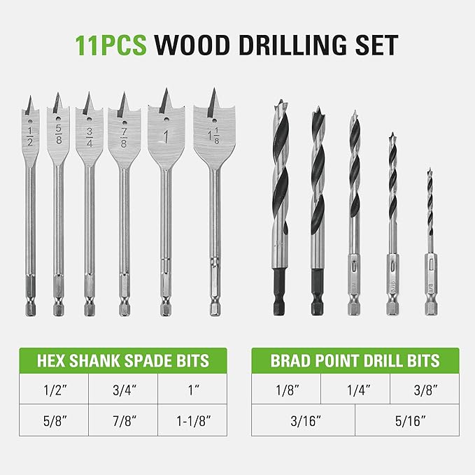 Greenworks 11 Pcs Wood Drilling Set for Woodworking, Plywood, Particle board, Fiberboard (Including Hex Shank Spade Bits & Brad Point Drill Bits)