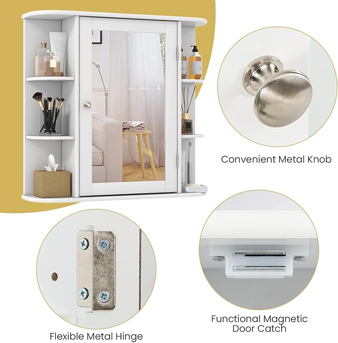 Tangkula Bathroom Medicine Cabinet with Mirror, Wall Mounted Home Storage with Door & 6 Open Shelves, Adjustable Shelves, Mirrored Bathroom Wall Cabinet (White)