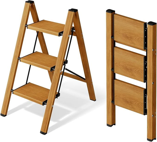 3 Step Ladder,Aluminum Folding Step Stool for Adults,Step Ladder with Wide Anti-Slip Pedal,330 lbs Capacity for Home,Office,Kitchen,Library(Woodgrain