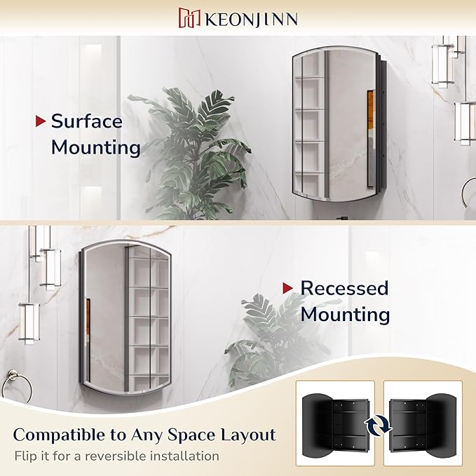 Keonjinn Black Medicine Cabinet 16 x 26 Inch, Surface Mount or Recessed Bathroom Cabinets with Mirrors, Metal Framed Wall Mirror with Storage, 2 Adjustable Shelves, Beveled Edge Mirror