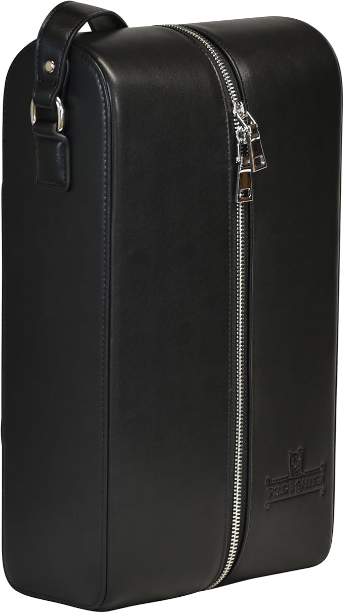 Bourbon Whiskey & Wine Double Bottle Travel Bag with 4 Stainless Steel Double-Walled Vacuum Insulated Glasses - Makes a Great Gift!