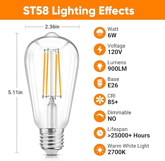 WIHTU LED Filament Light Bulbs, Bright Vintage 6W LED Edison Bulbs, St58 2700K Warm Light Bulbs with CRI 85+, E26 Standard Base, 900LUM, Non-Dimmable, Clear Glass, Pack of 4