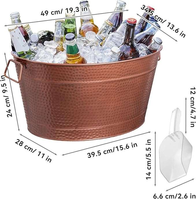 Large Ice Buckets with Handles for Parties, IKAYAS Beverage Tub Rose Copper Stainless-Steel Ice Tub with Scoop and Tongs for Cocktail Bar Mimosa Bar Supplies