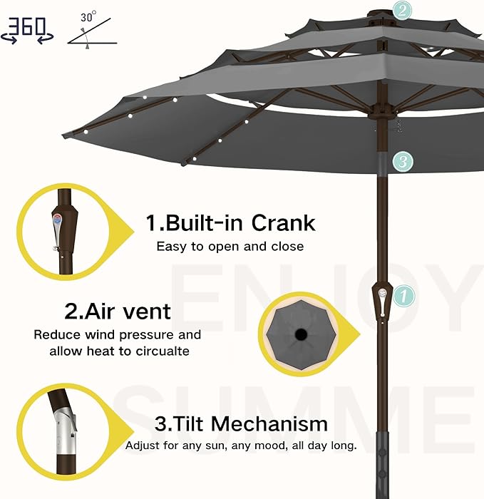 Kingdura 9ft 3-Tier Patio Umbrella with Solar Lights, Table Umbrella Outdoor Patio with Easy Crank & Tilt, 8 Sturdy Ribs, UV Protection, 32 LED Lights for Deck, Poolside, Market (Grey)
