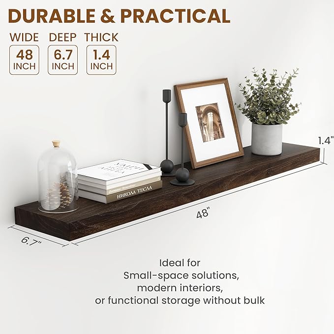 Fun Memories Rustic Elm Wood Floating Shelves for Wall, 48" Floating Shelf Wall Mounted, Long Floating Disply Shelf with Heavy-Duty Bracket for Living Room, Kitchen, Bathroom, Walnut Color, Set of 1