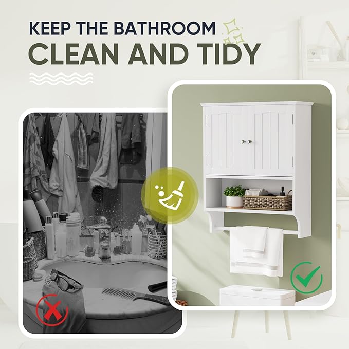 Smuxee White Bathroom Cabinet Wall Mounted with Towels Bar, Bathroom Medicine Cabinet with 2 Door Adjustable Shelves, Over Toilet Cabinet for Bathroom Laundry Room Kitchen