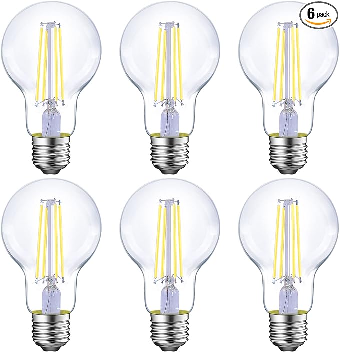Energetic Dimmable LED Filament Light Bulbs, 8W, 60 Watt Equivalent, Daylight 5000K, Classic Clear Glass, A19 LED Light Bulb, 6 Pack