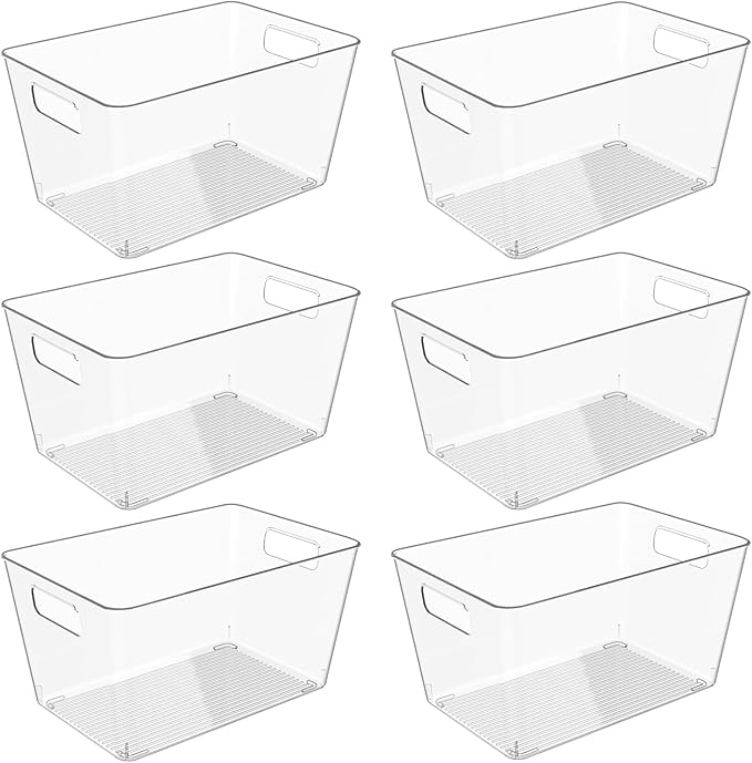 6 Pack Clear Plastic Storage Bins, 11" Large Pantry Organizer Bins with Handles, Plastic Containers for Refrigerator,BPA-Free Perfect for Kitchen,Fridge,Cabinet,Pantry,Bathroom,Closet Organization