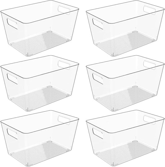 6 Pack Clear Plastic Storage Bins, 11" Large Pantry Organizer Bins with Handles, Plastic Containers for Refrigerator,BPA-Free Perfect for Kitchen,Fridge,Cabinet,Pantry,Bathroom,Closet Organization