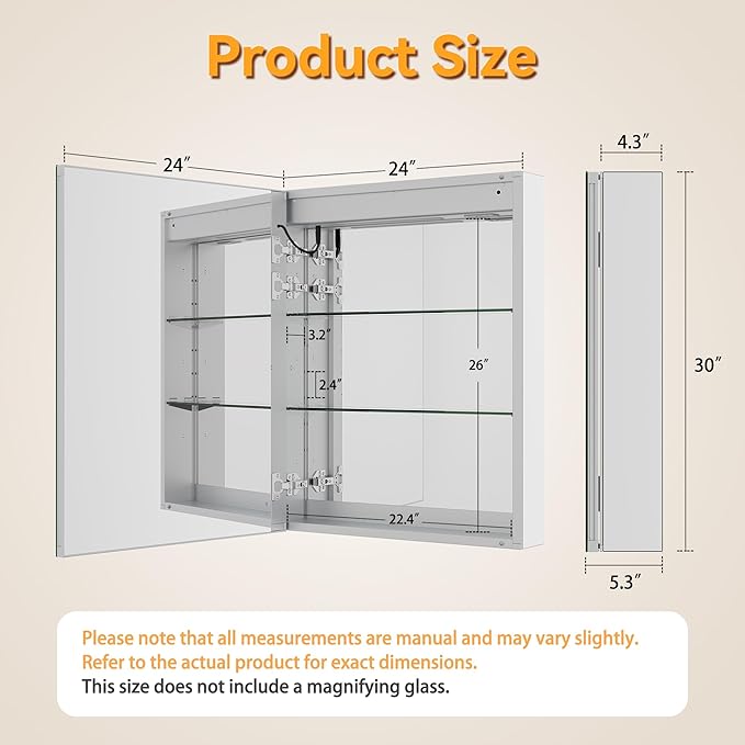 24x30In Medicine Cabinet with Lights, Recessed or Wall Mount LED Medicine Cabinet Mirror for Bathroom, with Defog, 3 Color Temperature & Stepless Dimming, Double Sockets & USBs(Left Door)