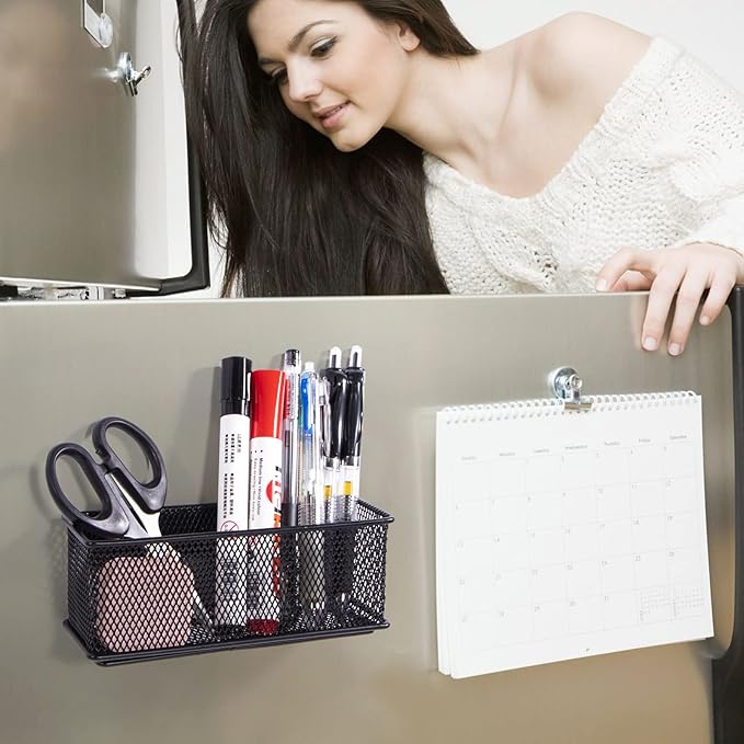 dedoot Magnetic Basket for refrigerator Storage Magnetic Pencil Holder Basket Mesh Black Strong Magnetic Pen Holder for Refrigerator,Whiteboard, Locker, Home and Office Organizer, 6.3x2.3x3.6inch