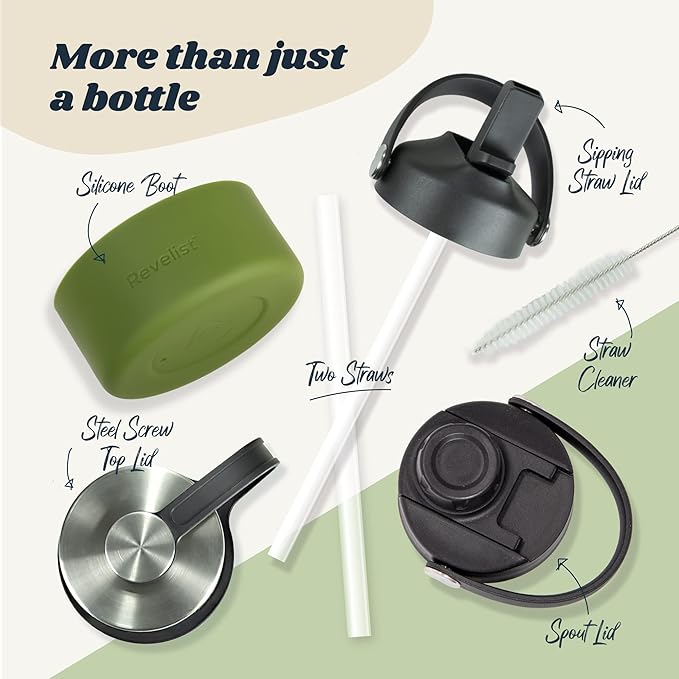 Revelist Sports Water Bottle - 32 Oz, 3 Lids (Straw Lid, Spout & Screw Top) with Boot, Vacuum Insulated Stainless Steel, Double Walled, Reusable Water Flask, Metal Canteen - Forest Green