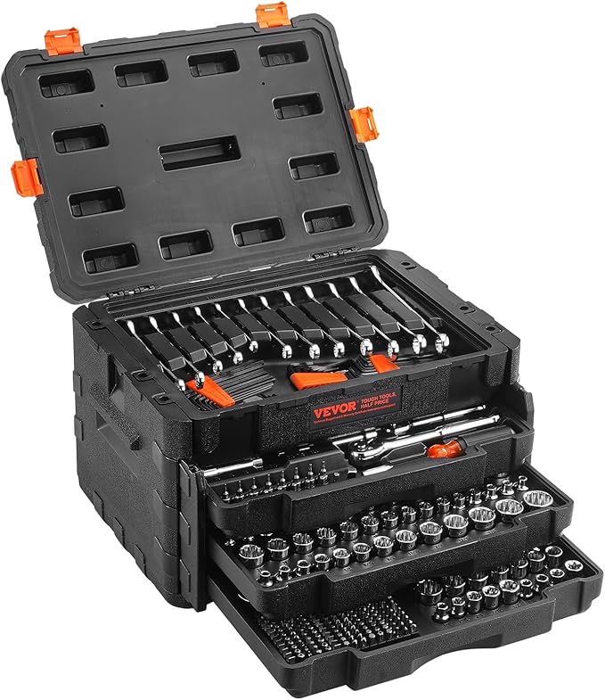VEVOR Mechanics Tool Set and Socket Set, 1/4" 3/8" 1/2" Drive Deep and Standard Sockets, 450 Pcs SAE and Metric Mechanic Tool Kit with Bits, Hex Wrenches, Combination Wrench, Accessories, Storage Case