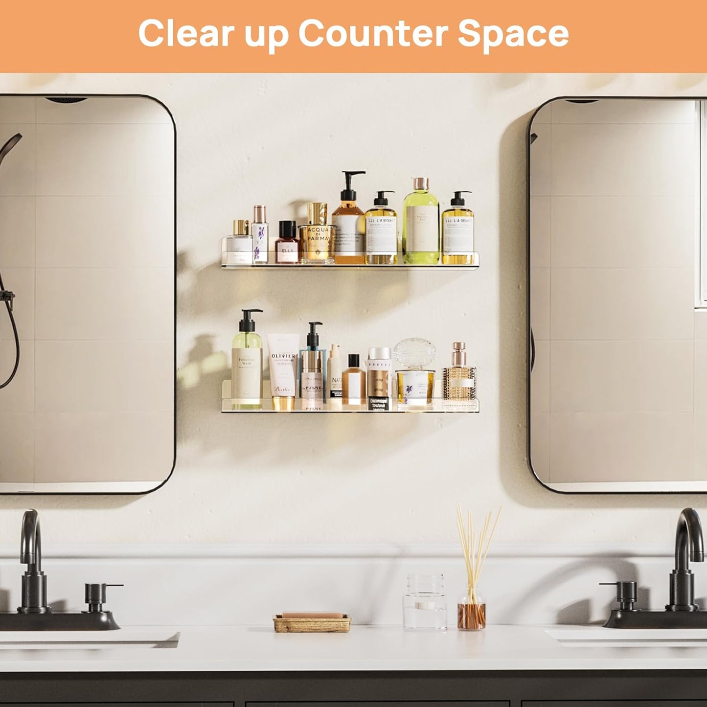 upsimples Acrylic Shelves for Bathroom Storage, 15" Floating Shelves Wall Organizer for Perfume, Make up, Skincare, Kids Bookshelf for Bedroom, Nursery, Living Room Decor, Clear, 2 Pack