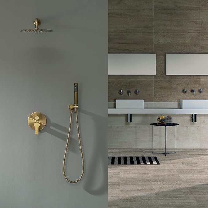 Iriber Brushed Gold Shower System Wall Mounted Shower Faucet Mixer Set with 12 Inches Rain Shower head and Handheld, Bathroom Modern Rainfall Shower Trim Kit (Contain Valve Cartridge)