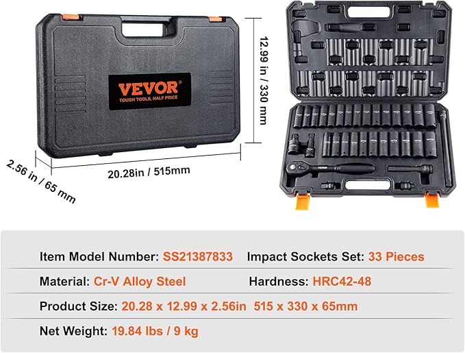 VEVOR Impact Socket Set 1/2" Drive, 33-Piece SAE (3/8 to 1 inch) & Metric (10 to 24 mm) Size, CR-V, 6 Point Standard Deep Socket Set with Extension Bar, Universal Joint, Adapter, Reducer