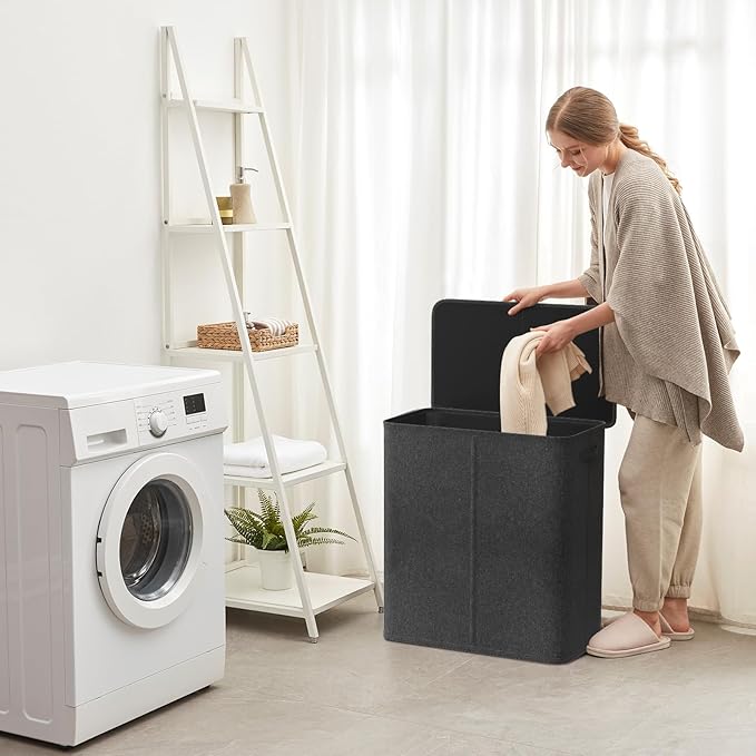Lifewit Double Laundry Hamper with Lid and Removable Laundry Bags, Large Collapsible 3 Dividers Dirty Clothes Basket with Handles for Bedroom, Laundry Room, Closet, Bathroom, College, 145L Dark Gray