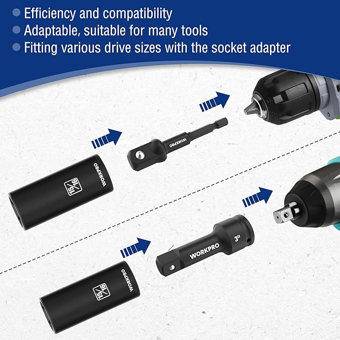 WORKPRO 20-Piece 1/2＂ Drive Deep Impact Socket Set, 6-Point, Cr-V Steel, 10-27mm, Universal Joint, Adapter and Extension Bar, SAE