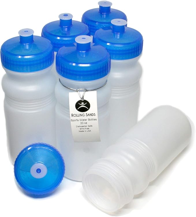 Rolling Sands 20 Ounce Sports Water Bottles 6 Pack, BPA-Free, Made In USA, Dishwasher Safe, Clear Frost Bottles/Blue Lids