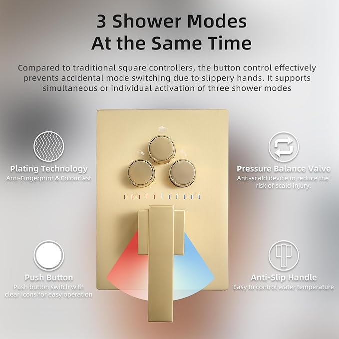 Dasan Brushed Gold Dual Shower Heads System with Ceiling 12-Inch Rainfall Shower & Wall Mount 6-Inch High Pressure Shower Head, Full Body Dual Shower Head Set