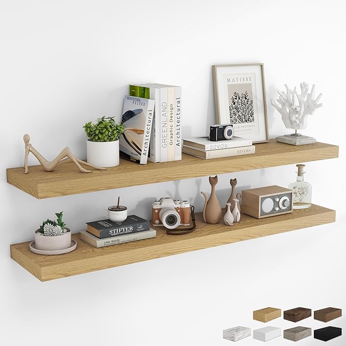 RICHFOCUS 55Inch Floating Shelves for Wall 2 Pack Shelves for Bedroom|Kitchen|Bathroom Wall Mounted Rustic Wood Floating Shelf with Invisible Brackets for Books|Storage|Decor, Oak