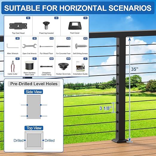 4-12ft Complete Set 36" Cable Railing Post Kits, Stainless Steel Black Level Drilled Line Posts(35"x2"x2")3 Pack, 1/8" Wire Rope with Cutter(No Handrail), Swageless Deck Cable Railing, MY07-LP