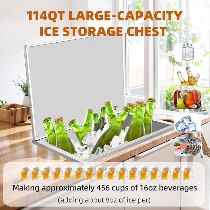 Upgraded Drop in Ice Chest, Stainless Steel Ice Cooler, Commercial Ice Bin with Cover, Outdoor Kitchen Ice Bar, Drain-Pipe and Drain Plug Included, for Cold Wine Beer